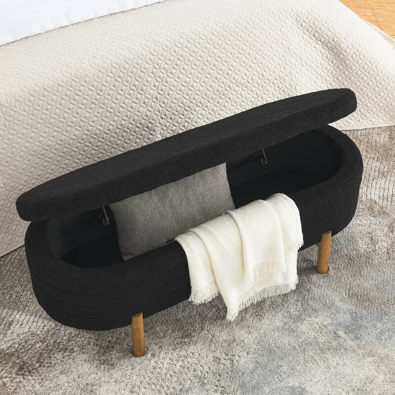 Small Ottoman Oval Storage Bench with Rubber Wood Leg Bedroom Upholstered Footstool Bench with Hidden Storage - Black