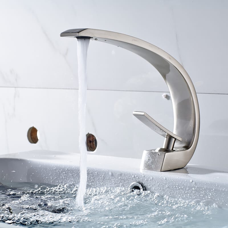 Modern Single Handle Curved Waterfall Bathroom Sink Faucet with Ceramic Lead Free Strainer, Anti Corrosion, Single Hole