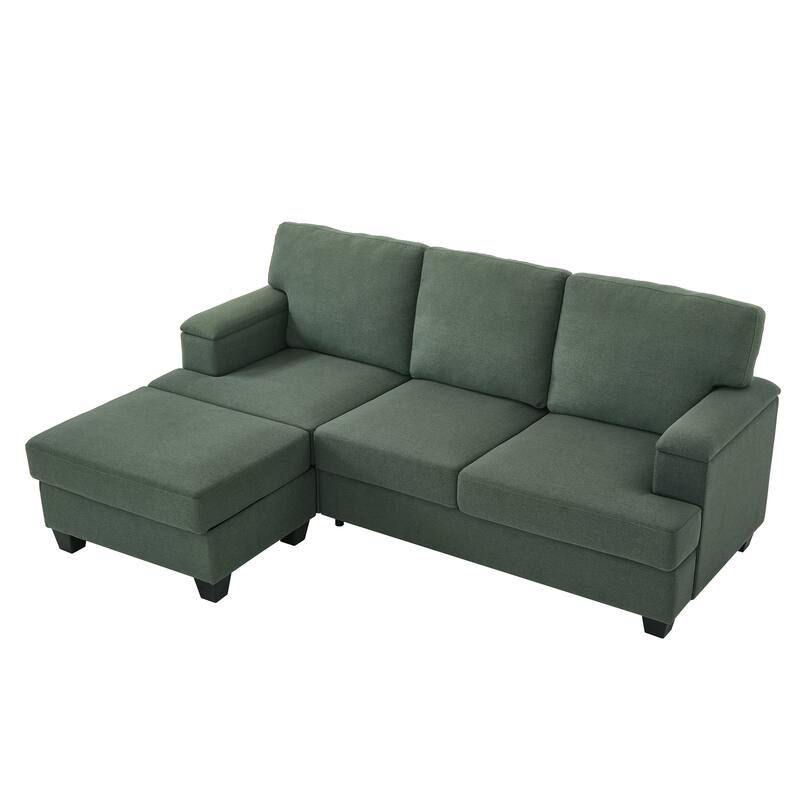 L Shaped 3 Seats Sofa with Armrest Organizer, Linen Sectional Sofa with Movable Ottoman, Comfy Upholstered 3 Seater Couch,