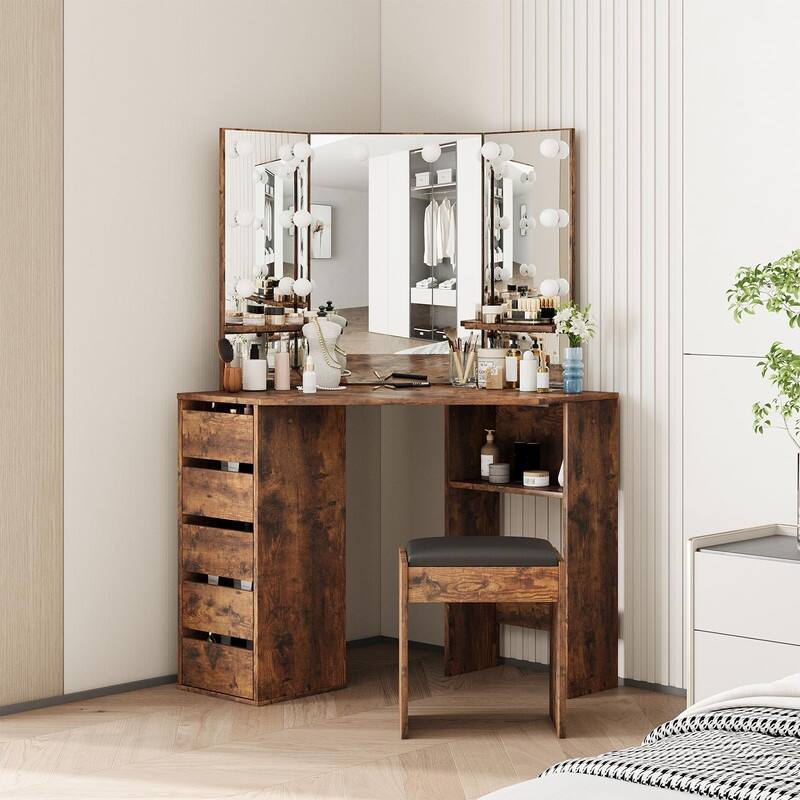 Corner Vanity Desk with Lighted Mirror and Stool, 5 Drawers, Charging Station - Brown