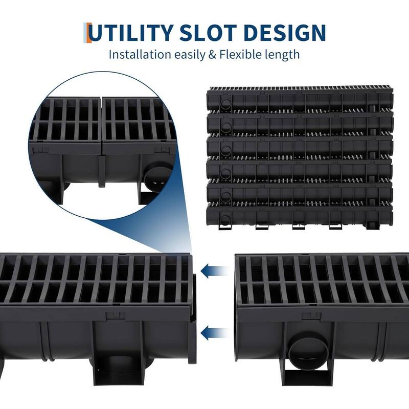 6-Piece High-Efficiency Surface Drainage Trench Drain System for Yard, Driveway, Garden, Patio & Sidewalk - N/A
