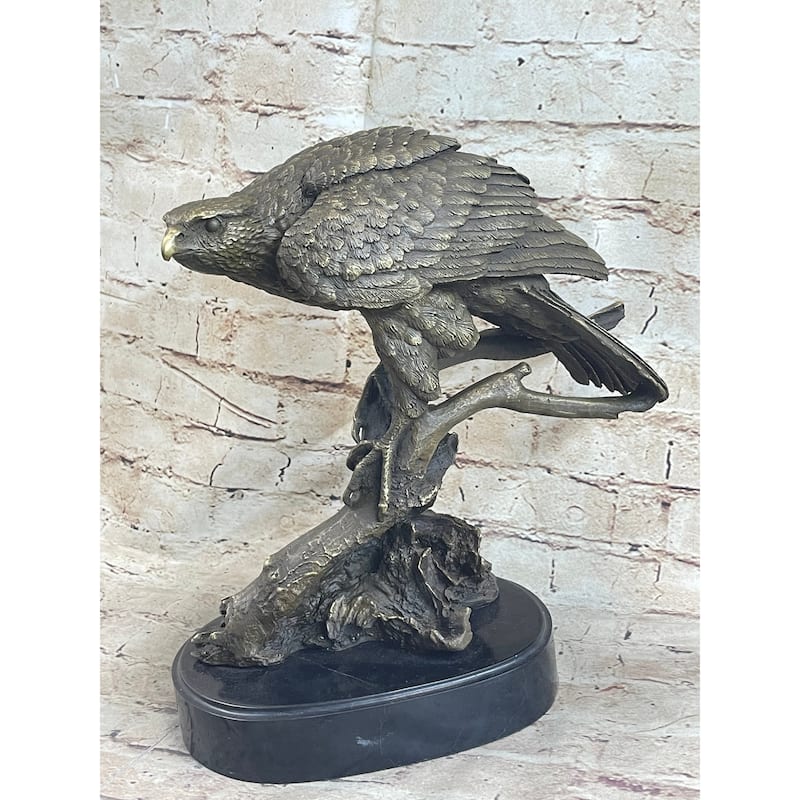 Signed Barye American Eagle On A Tree Branch Bronze Marble Figurine Art Figure