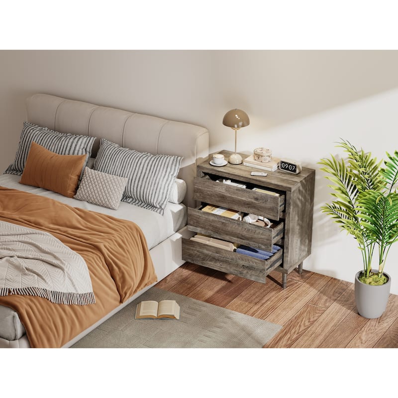 Dresser with 3 Drawers - Wooden Chest of Drawer for Bedroom, Tall Nightstand Side Table, Grey Oak Storage Drawer Cabinet