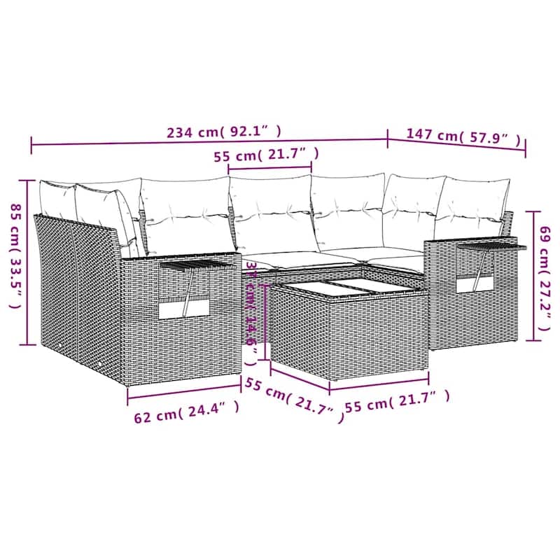 vidaXL Patio Sofa Set with Cushions Outdoor Furniture 7 Piece Poly Rattan - 24.4 x 24.4 x 27.2