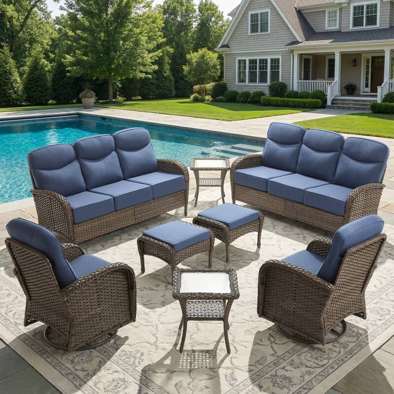 Pocassy Outdoor 8-Piece Sofa Swivel Chair Table with Ottoman - Brown Wicker Blue Cushion - 8-Piece Sofa Swivel Chair Table with Ottoman