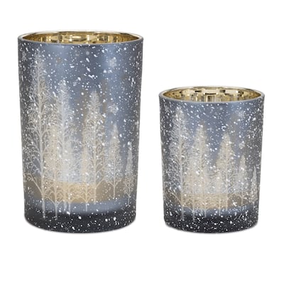 Navy Pine Tree Glass Candle Holder (Set of 2) - N/A