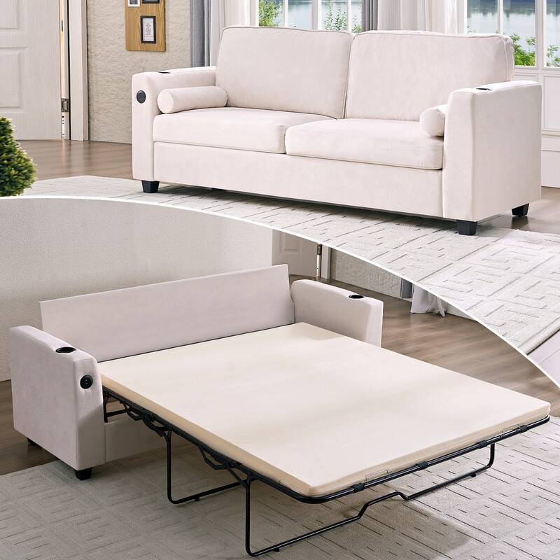 Mixoy Pull Out Loveseat Sofa,Sleeper Sofa Bed with Mattress,Cup Holder - BEIGE - 2-Seater Sofa