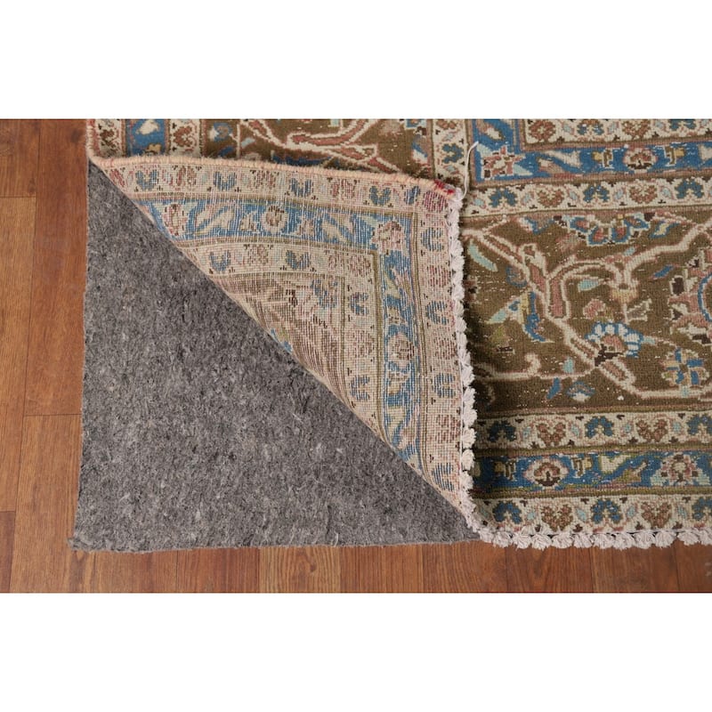 Distressed Mashad Vintage Persian Area Rug Hand-Made Wool Carpet - 9'7" x 13'2"