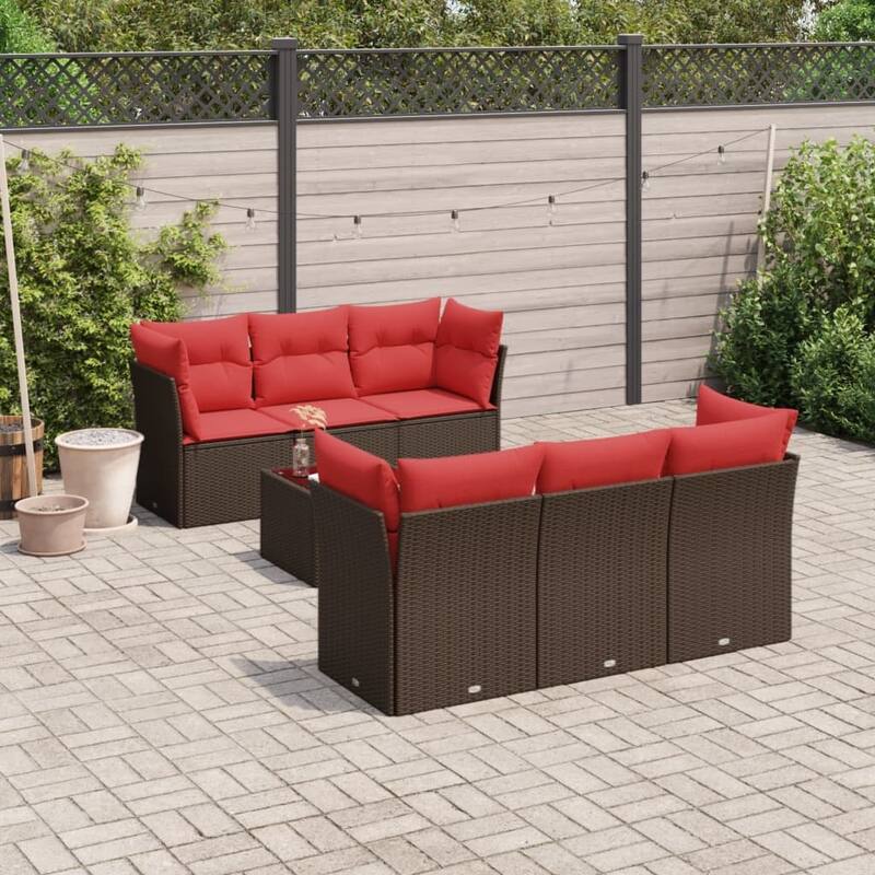 vidaXL 7 Piece Patio Sofa Set with Cushions Brown/Gray Poly Rattan - 24.4 x 24.4 x 27.2