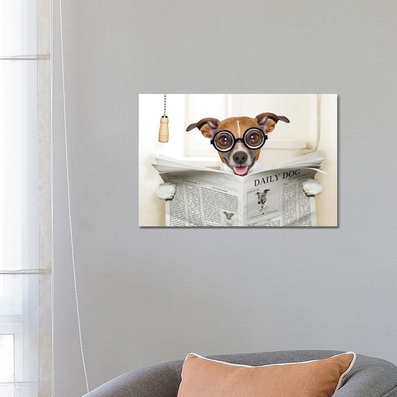 iCanvas "Dog On Toilet Seat Reading Newspaper IV" by damedeeso Canvas Print - 18x26x1.5