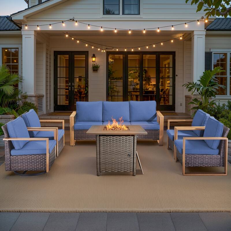 Pocassy 4/6/8PCS Sofa Swivel Chair with Fire Pit Table Set - Brown Wicker Blue Cushion - 6-Piece Sofa Chair with Fire Table