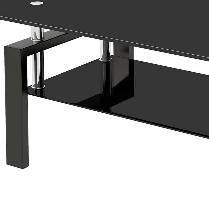 HomeRoots 39" Black Glass and Steel Coffee Table With Shelf - 39.37 in. x 17.32 in. x 23.62 in.