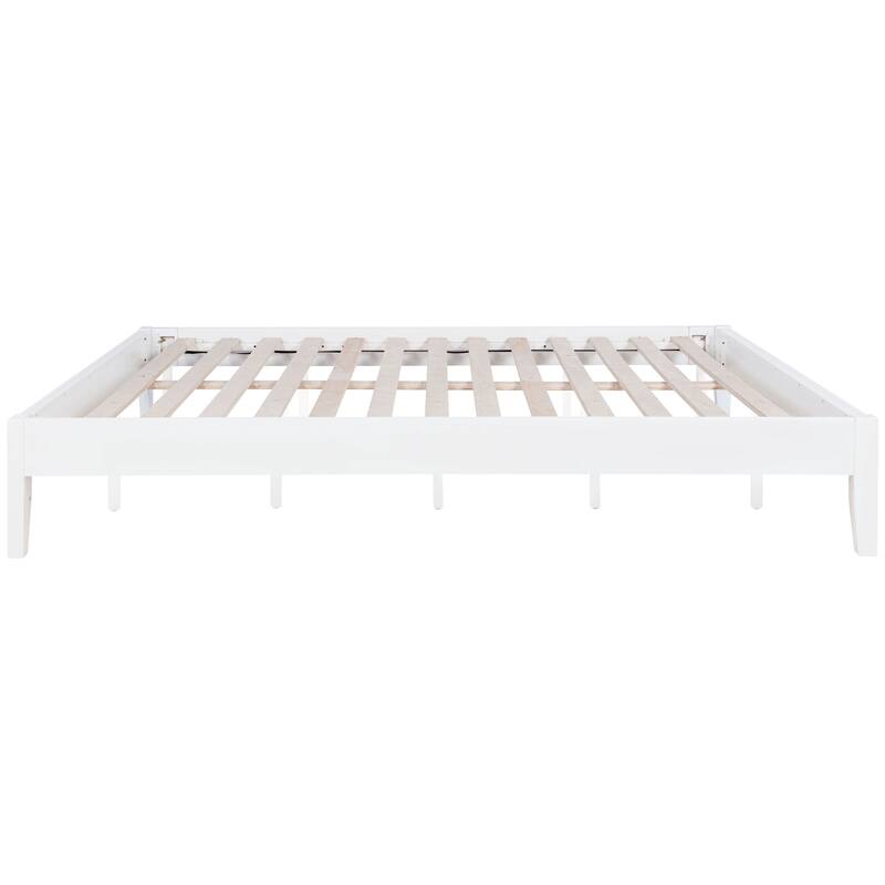 Universal White Eastern King Platform Bed with Slatted Frame and Customizable Headboard