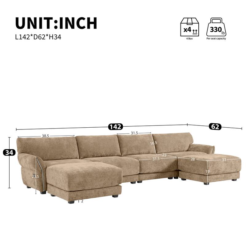 142" Chenille U-Shaped 6-Seater Sectional Sofa with USB/Type-C Charging, Petal Armrests and Free-Move Ottoman