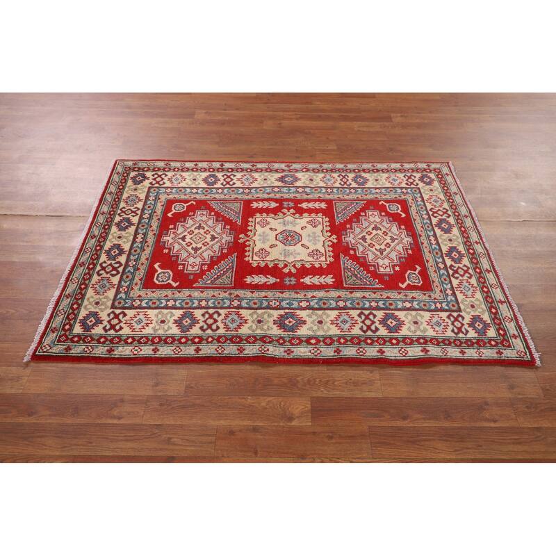 Red Geometric Kazak Accent Rug Hand-Knotted Wool Carpet - 3'4" x 4'11"