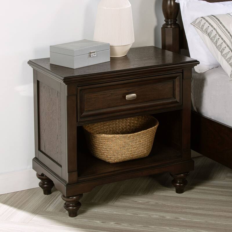 1 Drawer Wooden Nightstand with Gunmetal Hardware in Dark Oak