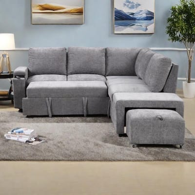 90.6"Polyester L-Shaped Modular 5-Seater Sofa with Storage Space, USB Ports, Cup Holders, and Removable Ottoman