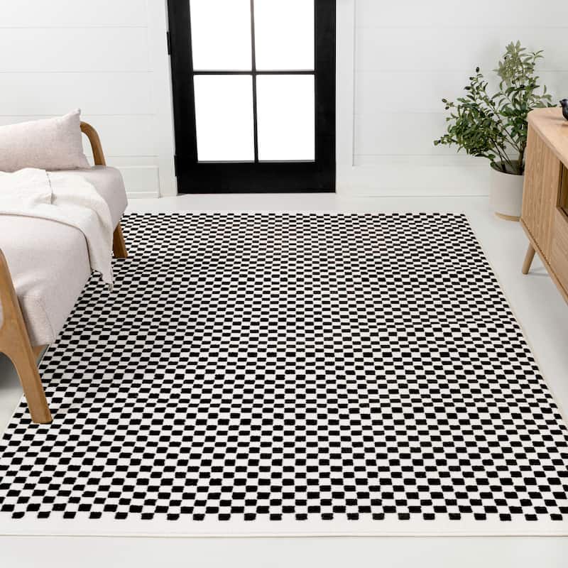 JONATHAN Y Sofia High-Low Modern Minimalist Checkered Monotone Ivory/Cream Indoor/Outdoor Rug - 8x10 - Black/White