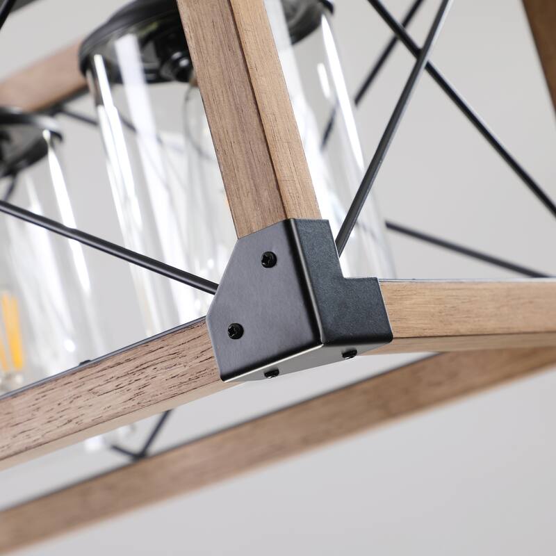 32" Wood Industrial Farmhouse Rectangle Pendant Light, 5-Light Chandelier with Lampshade for Dining Room (No Bulbs)