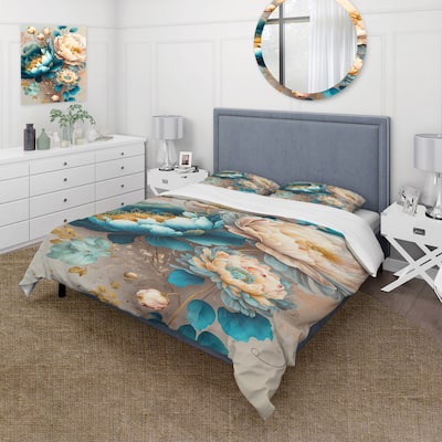 Designart "Multi-Color Blooming Flowers II" Blue Traditional - Bed Cover Set With Shams