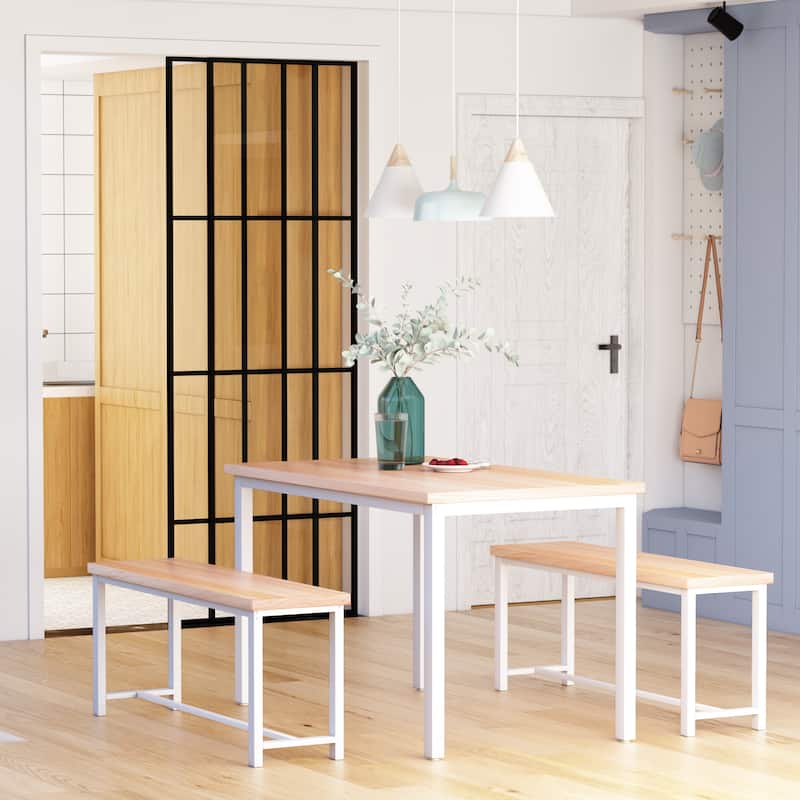Dining Table Set with Two Benches, Kitchen Table Set for 4 Persons
