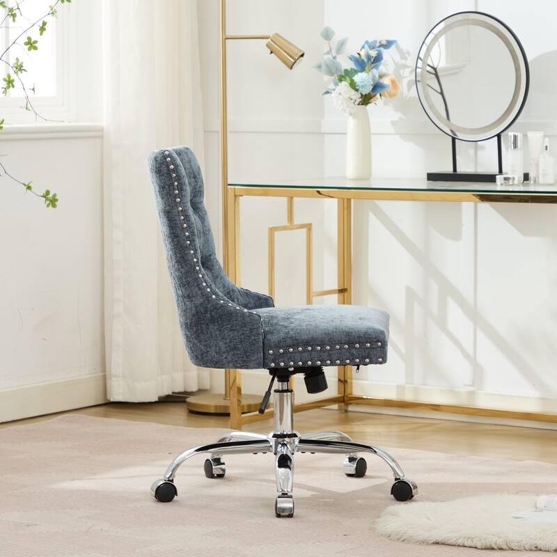 Chenille Upholstered Swivel Office Chair, Tufted Button Home Office Chair, Adjustable Vanity Chair with Metal Base