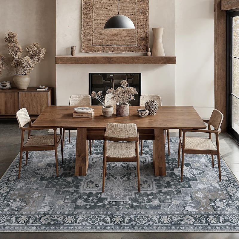 Mcow Grey Floral Low Pile Machine Washable Non-Slip Area Rug