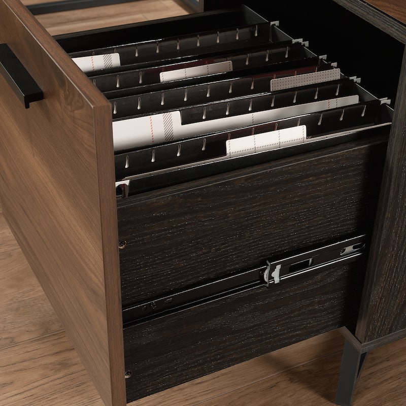Brown L-Shaped Desk with 2 Drawers and Storage Cubby Home Office Workstation