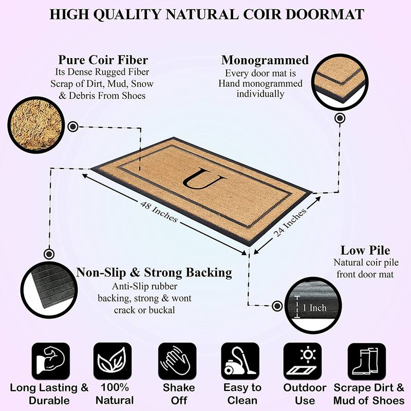 A1HC Natural Coir Monogrammed Door Mat for Front Door, Durable Large Outdoor Rug, Heavy Duty Welcome Doormat - 24" X 48"