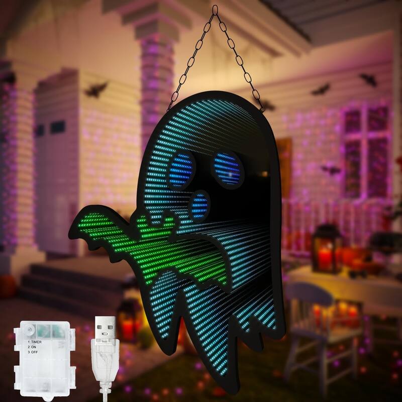 3D Ghost LED Infinity Mirror, 12x16.5", White/Green Halloween Motif, USB/Batt