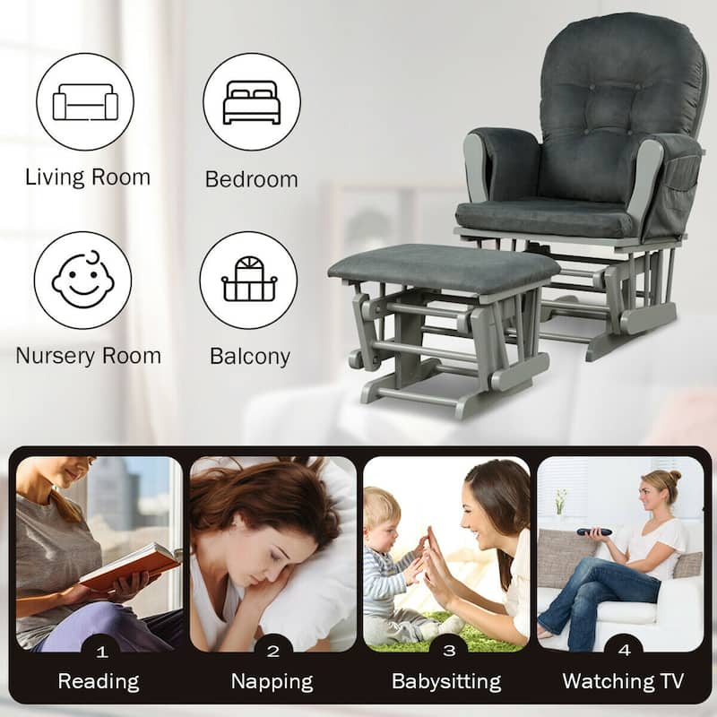 Gymax Glider and Ottoman Cushion Set Wood Baby Nursery Rocking Chair