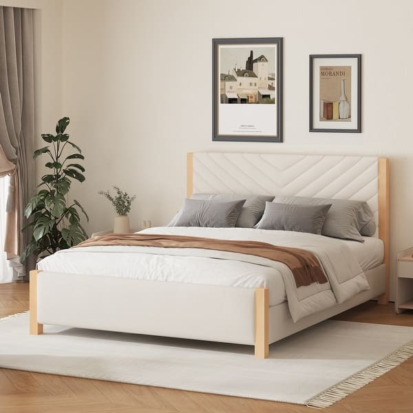 slide 2 of 16, Queen Size Upholstered Platform Bed Frame with Tufted Headboard Beige