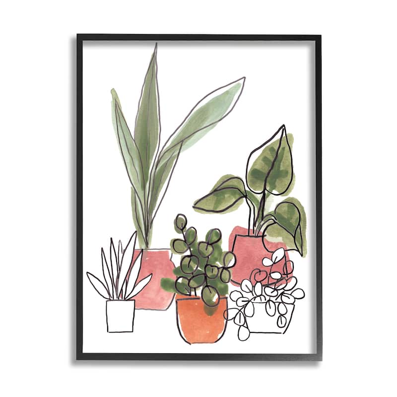 Stupell Green Plants in Orange Planters Modern Abstract Foliage Framed Wall Art - 24 x 30 - Black