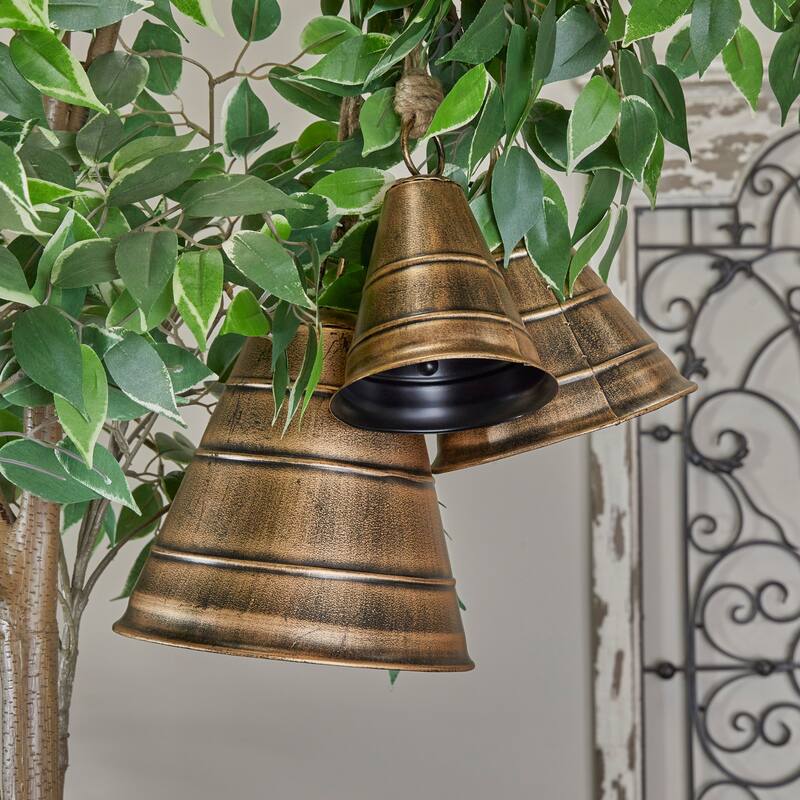 Gray, Red, Black or Bronze Metal Tibetan Inspired Decorative Cow Bell with Jute Hanging Rope (Set of 3) - Bronze - 10", 8", 5"H