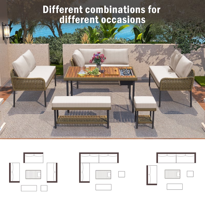6-Piece Rope Patio L-Shaped Sectional with Acacia Table & Ice Box, Benches & Conversation Set with Thick Cushion