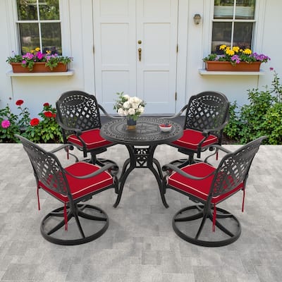 5-Piece Aluminum Round Outdoor Patio Dining Set, 4 Cushioned Swivel Chairs, Table, All-Weather Frames