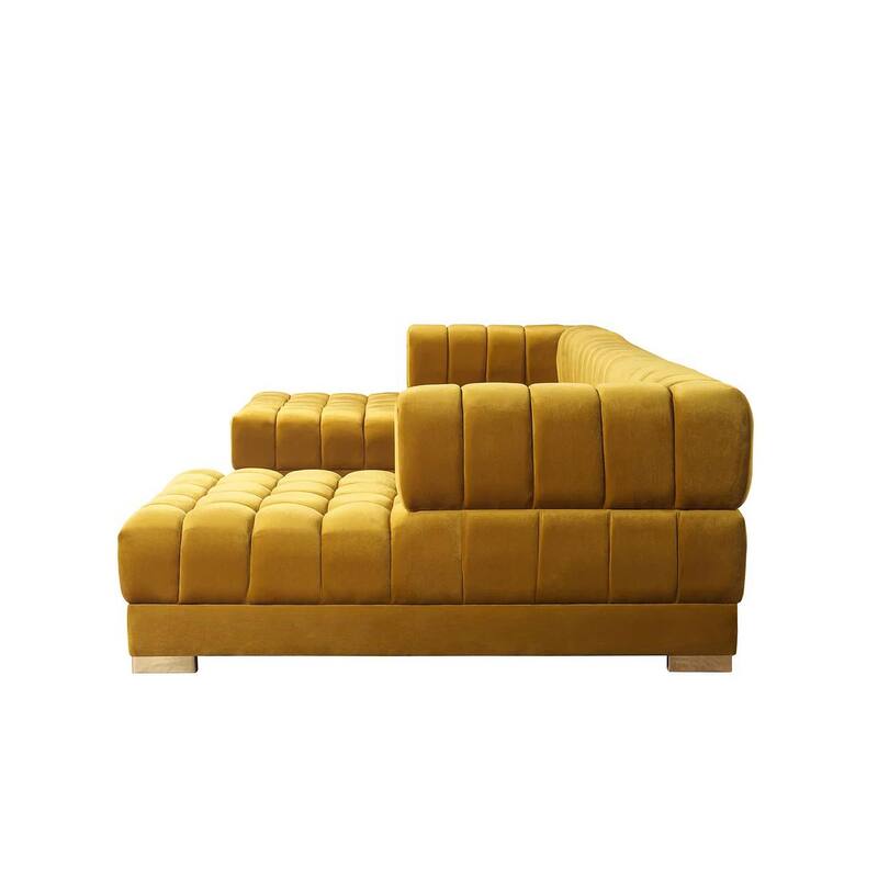 HomeRoots Mustard Velvet U Shaped Three Piece Sofa and Chaise Sectional With Toss Pillows