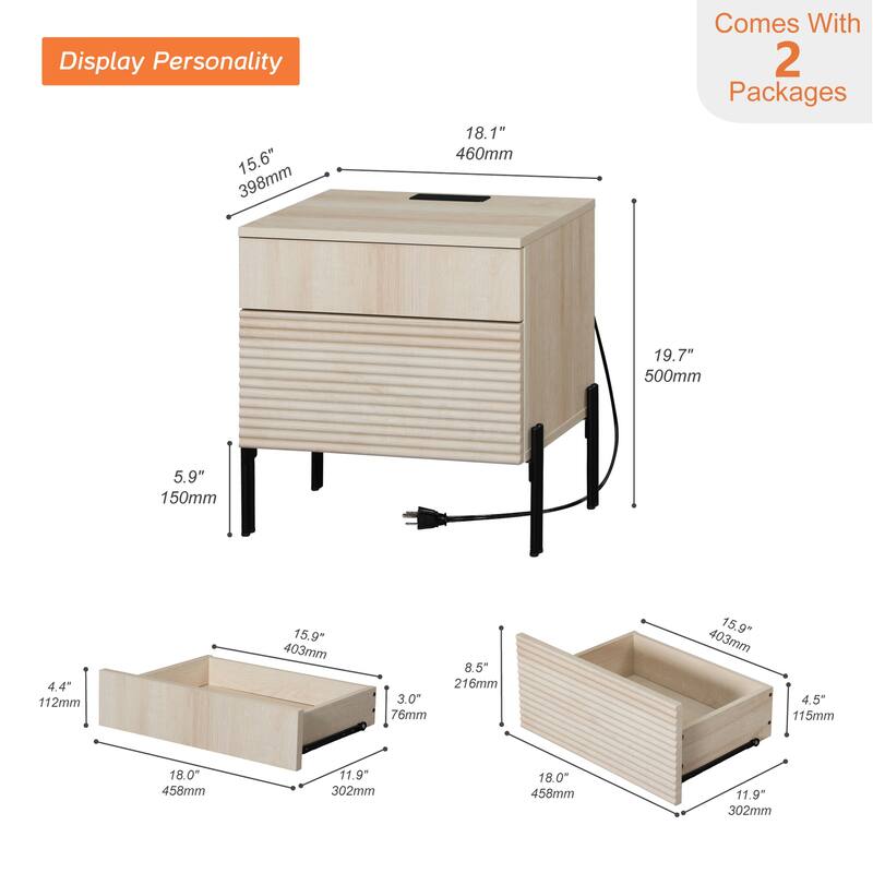WAMPAT Fluted Nightstand with Charging Station,Modern Side Table with 2 Drawers