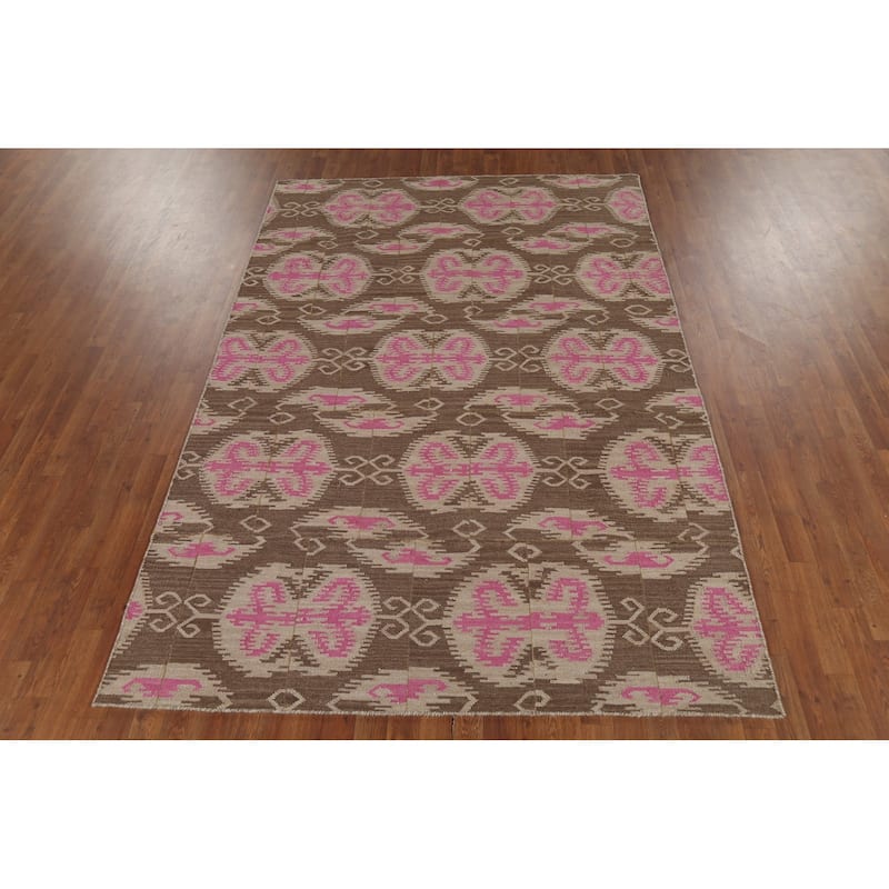 Geometric Kilim Oriental Area Rug Hand-Woven Wool Carpet - 6'0"x 8'10"