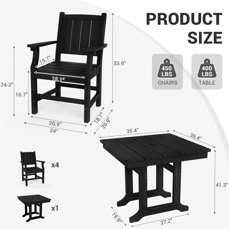 Black 5/7-Piece HDPE Plastic Patio Outdoor Dining Set with Arm Chairs