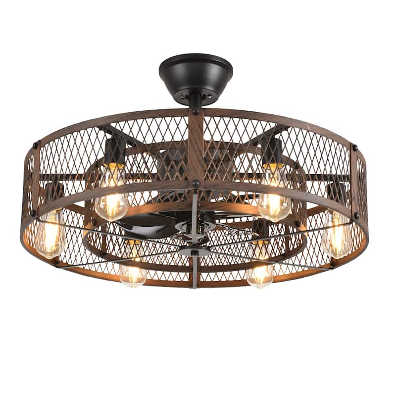 20-26" Caged outdoor Ceiling Fan with Light: Remote App Control-Farmhouse Fandelier Flush Mount Fixture Reversible 6 Speed Timer - Walnut - 26in
