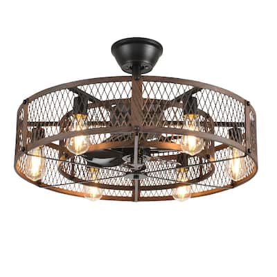20-26" Caged outdoor Ceiling Fan with Light: Remote App Control-Farmhouse Fandelier Flush Mount Fixture Reversible 6 Speed Timer