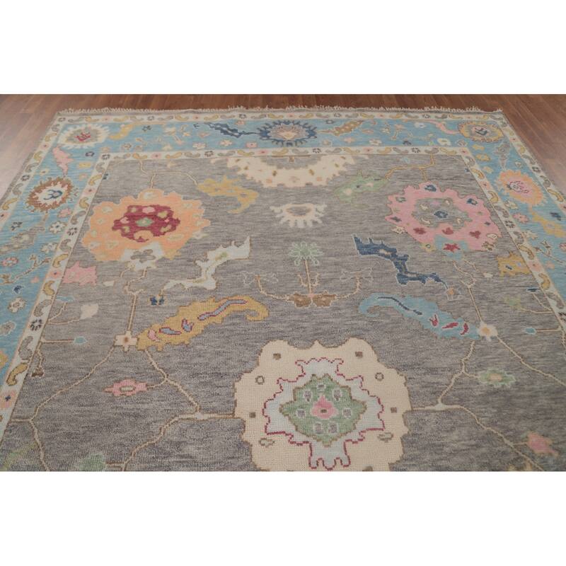 Gray Floral Oushak Area Rug Hand-Knotted Wool Carpet - 8'8"x 11'10"