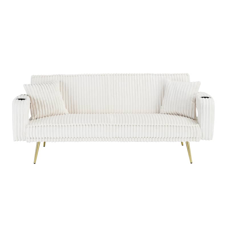 Loveseat Sofa, Adjustable Backrest Corduroy Love Seat Bed w2 Cup holder & 2 Pillows Living Room 2-seat Hollow Armchair