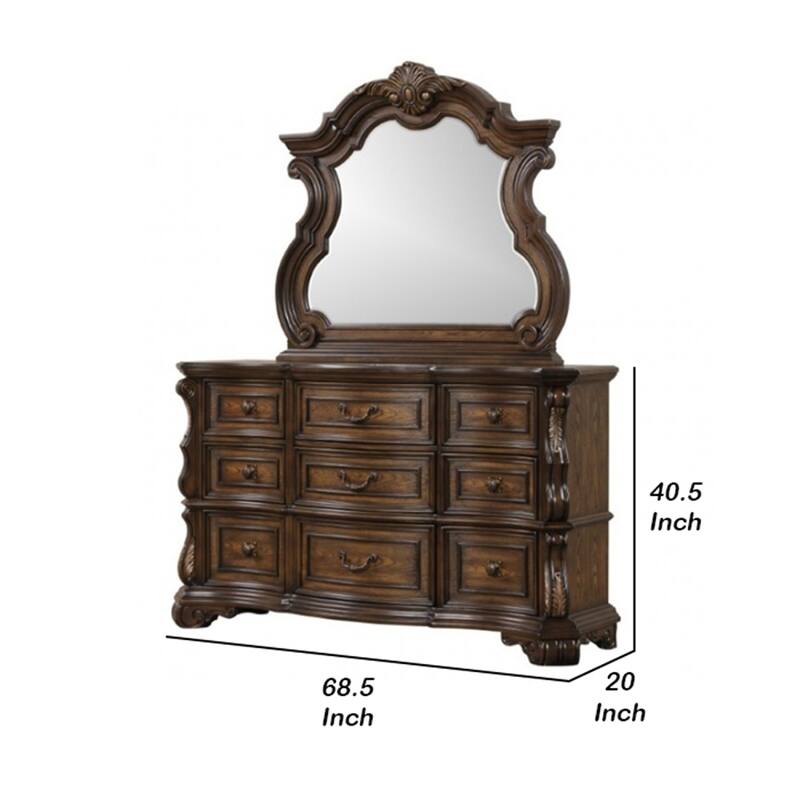 Leova Wide Dresser, 9 Drawers, Ornate Molding, Brown Asian Hardwood