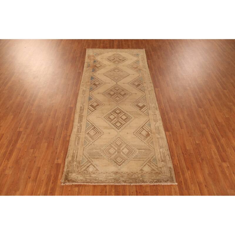 Hand Knotted Oriental 100% Wool Carpet Traditional Geometric Beige & Ivories Hamedan Area Rug - 10' 7'' X 4' 6''