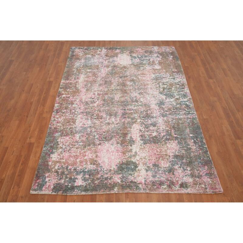 Hand Knotted Oriental Viscose Silk Carpet Modern Abstract Pink Abstract Area Rug - 7' 10'' X 5' 5''