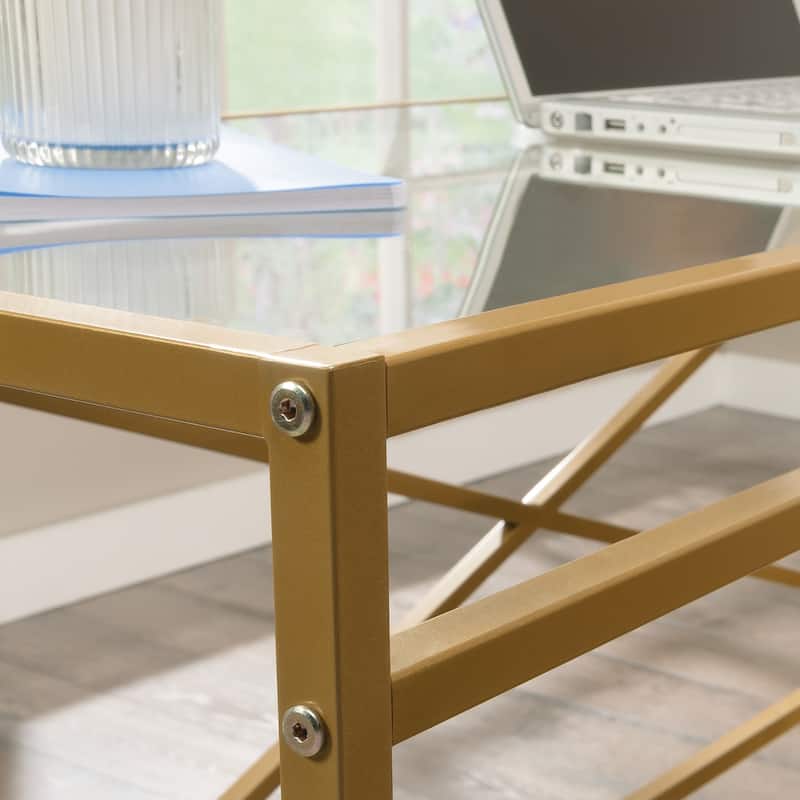 Wood L-Shaped Desk with Glass Top, White