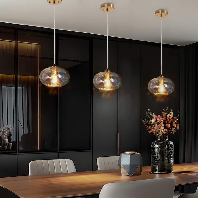Modern Gold 1-Light Iridescent Textured Glass Pendant Light for Kitchen Island Dining Room - D8.3" x H66" Max