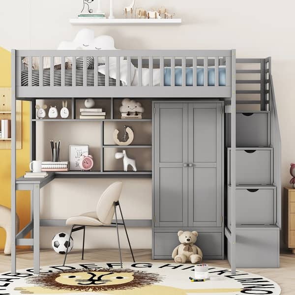 slide 2 of 17, Full size Loft Bed, Maximized Storage Space, Grey Grey